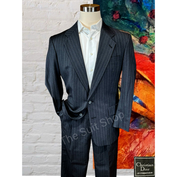 Vintage Christian Dior Mens 40R 32x29 Charcoal Gray Multi-Stripe Designer Suit - Picture 1 of 16